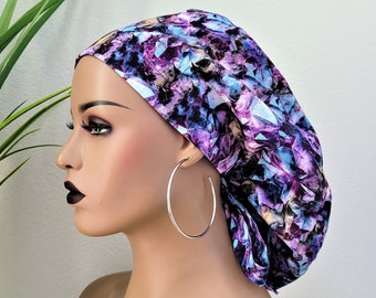 Small Purple Satin Lined Ponytail Scrub Cap, Protect Hair w/Satin Lined Scrub Cap. Buttons Option, Size See Description, Nurse/Surgical Cap