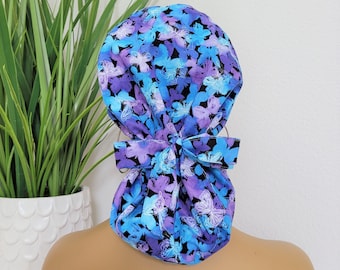 Protect Hair w/Satin Lined Scrub Cap. Buttons Option, Size Option See Description, Nurse/Surgical/Doctor Cap, Butterfly Ponytail Scrub Cap