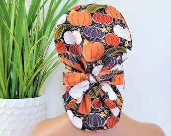 Pumpkin Patch Satin Lined Ponytail Scrub Hat, Protect Hair w/Satin Lined Scrub Cap, Buttons Option, Size See Description, Nurse/Surgical Hat