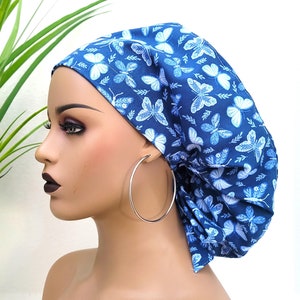 Blue Butterfly Satin Lined Ponytail Scrub Cap: Nurse Doctor Surgical Hat