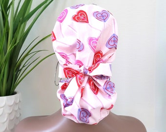 Lollipops Hearts, Satin Lined Ponytail Scrub Hat, Protect Hair w/Satin Lined Scrub Cap. Buttons/Size Options, Surgical/Nurse/Dr Cap