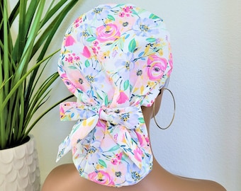 Protect Hair w/Satin Lined Scrub Cap. Buttons Option, Size Option See Description, Nurse/Surgical/Doctor Cap, Medical Ponytail Scrub Cap