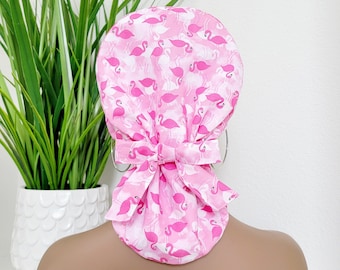 Protect Hair with Satin Lined Scrub Cap, Pink Flamingos Satin-Lined Ponytail Scrub Cap: Hair Protection