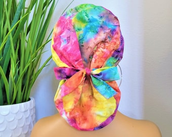 Tie Dye Ponytail Satin Lined Scrub Hat, Protect Hair w/Satin Lined Scrub Cap. Buttons Option, Size Option, Nurse/Surgical/Doctor Cap