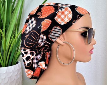 Pumpkin Patch Satin Lined Ponytail Scrub Hat, Protect Hair w/Satin Lined Scrub Cap, Buttons Option, Size See Description, Nurse/Surgical Hat