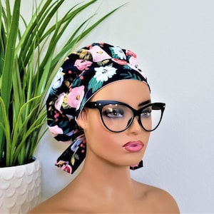 Bouffant Satin Lined Scrub Hat, Protect Hair w/Satin Lined Scrub Cap. Buttons/Size Options, Nurse/Surgical/Doctor Hat, Full Satin Lining