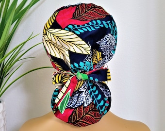 Protect Hair w/Satin Lined Scrub Cap. Buttons Option, Size See Description, Nurse/Surgical/Doctor Cap, Ankara Fabric, Ponytail Scrub Hat
