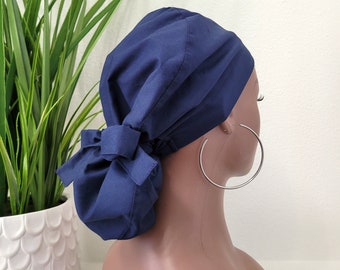 Small Navy Satin Lined Ponytail Scrub Cap, Protect Hair w/Satin Lined Scrub Cap. Buttons Option, Size See Description, Nurse/Surgical Hat