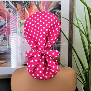 Protect Hair w/Satin Lined Scrub Cap. Buttons Option, Size Option See Description, Nurse/Surgical/Doctor Cap, Pink Ponytail Scrub Cap