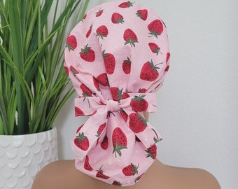 Small Strawberry Ponytail Scrub Cap, Protect Hair w/Satin Lined Scrub Cap. Buttons Option, Nurse/Surgical/Doctor Cap
