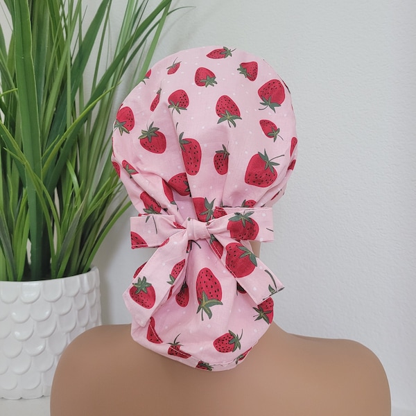 Small Strawberry Ponytail Scrub Cap, Protect Hair w/Satin Lined Scrub Cap. Buttons Option, Nurse/Surgical/Doctor Cap