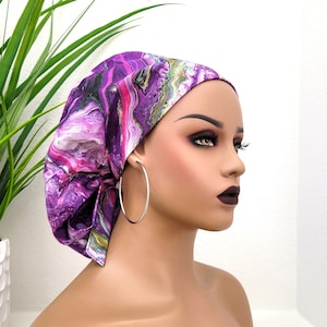 Protect Hair with Satin Lined Scrub Cap, Purple Tie Dye Satin Lined Ponytail Scrub Hat: Nurse Doctor Surgical Cap