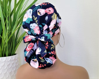 Floral Satin-Lined Ponytail Scrub Cap: Adjustable Nurse/Doctor Cap