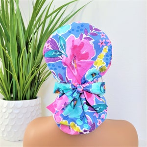 Floral Satin Lined Scrub Cap: Ponytail Medical Cap with Buttons