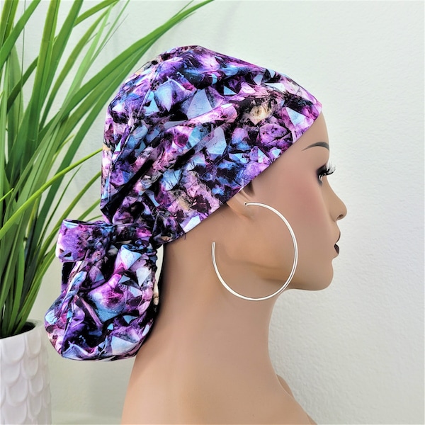 Protect Hair w/Satin Lined Scrub Cap. Buttons Option, Size Option See Description, Nurse/Surgical/Doctor Cap, Purples Ponytail Scrub Cap