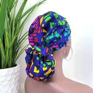 Protect Hair w/Satin Lined Scrub Cap. Buttons Option, Size See Description, Nurse/Surgical/Doctor Cap, Ankara Fabric, Ponytail Scrub Hat