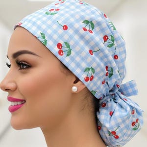 Gingham w/Red Cherry Print, Protect Hair with Satin Lined Ponytail Scrub Cap Nurse/Doctor/Surgical Scrub Hat, Anti-Frizz, Scrubs, Tie-Back
