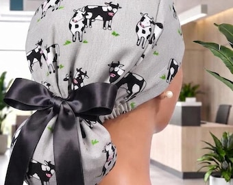 Cow City Gray/Black/White Satin Lined Option Ponytail Scrub Hat Protect Hair Nurse/Doctor/Surgical/ OR Cap Anti-Frizz Tie Back Black Bow