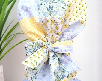 Sunny Day Patchwork Ponytail Scrub Hat Protect Hair w/Satin Lining Nurse/Doctor/Surgical Cap Anti-Frizz Adjustable Tie Back Buttons Option
