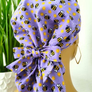 Bee Sweet Purple Satin Lined Scrub Hat: Ponytail Style, Nurse Doctor Cap