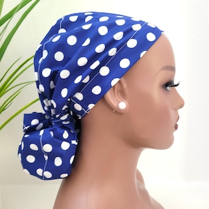 Small, Blue w/White Polka Dots Ponytail Scrub Cap, Protect Hair w/Satin Lined Scrub Cap.  Nurse/Surgical/Dr Cap, Full Satin Lining