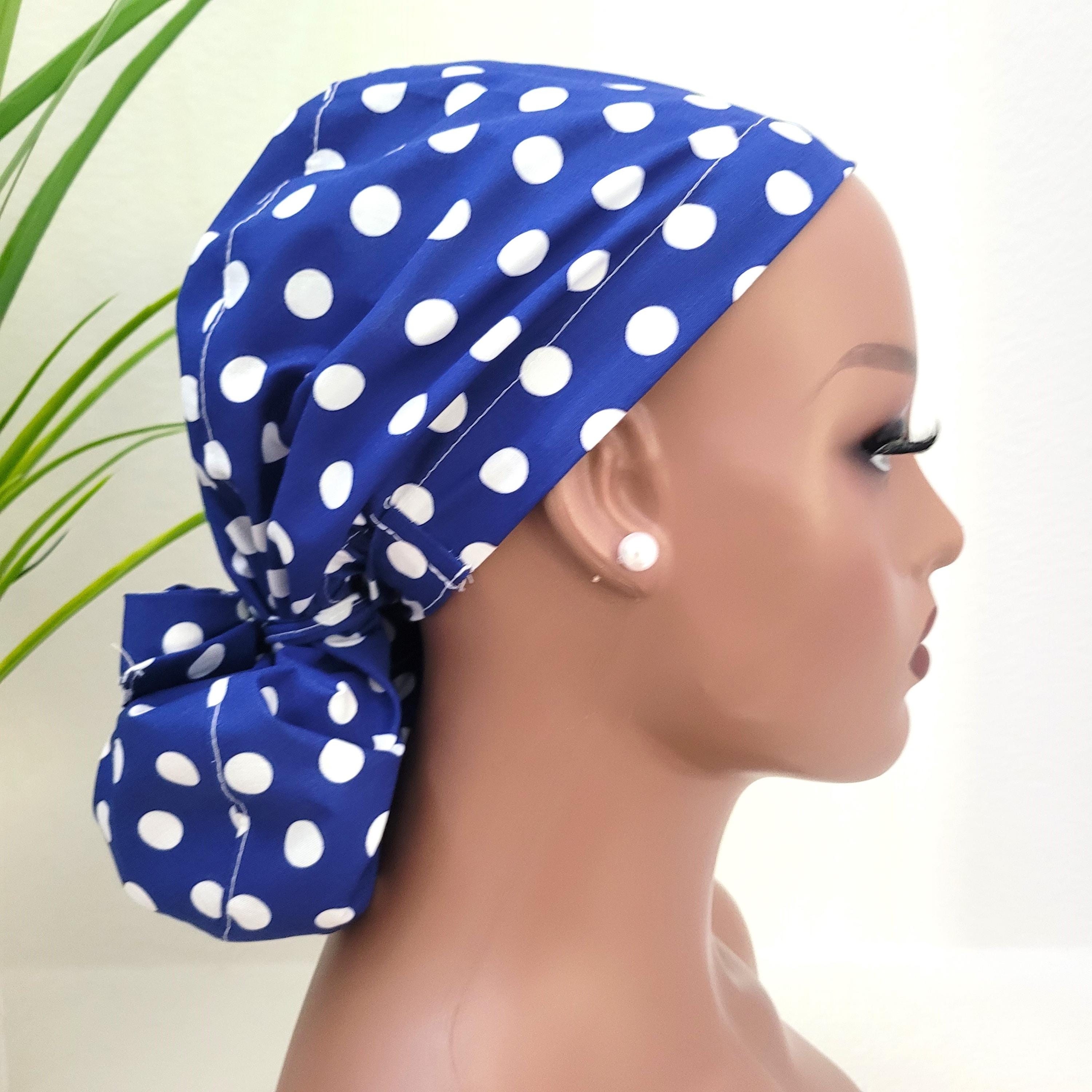 Small, Blue w/White Polka Dots Ponytail Scrub Cap, Protect Hair w/Satin Lined Scrub Cap.  Nurse/Surgical/Dr Cap, Full Satin Lining