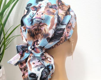Small,Cow Print Ponytail Scrub Hat: Satin Lined Nurse Cap with Buttons Protect Hair with Satin Lined Scrub Cap