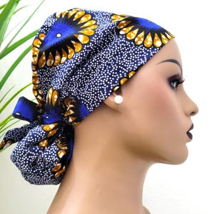 Small, Limited Edition, Protect Hair w/Satin Lined Ponytail Scrub Cap, Nurse/Surgical/Dr Cap, Ankara Fabric, Full Satin Lining, Navy/Brown