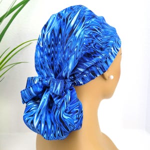 Royal Blue w/Zigzag Print, Satin Lined Ponytail Scrub Hat, Protect Hair w/Satin Lined Scrub Cap, Nurse/Surgical/Dr Cap, Full Satin Lining