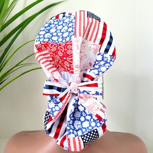 Small,Patchwork Ponytail Scrub Hat: Satin Lined, USA Made