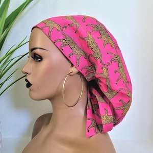 Leopard Print, Protect Hair with Satin Lined Scrub Cap, Satin Lined Scrub Cap: Cotton Medical Ponytail Hat