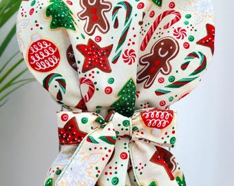 Favorite Christmas Cookies Satin Lined Ponytail Scrub Cap, Protect Hair w/Satin Lined Scrub Cap. Buttons/Size Options, Nurse/Surgical/Dr Hat