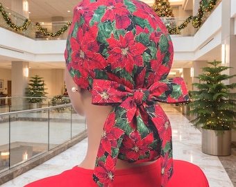Sparkling Poinsettias Satin Lined Option Scrub Cap Protect Hair Anti-Frizz Nurse/Doctor/Surgical Women Hat Tie Back Scrubs Hint of Glitter