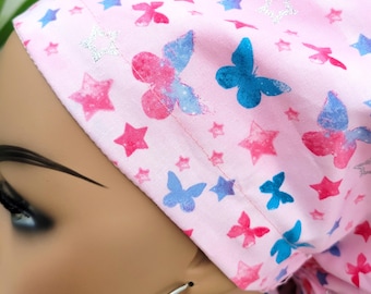 Busy Pink/Blue Butterfly Satin Lined Option Ponytail Scrub Hat Protect Hair Nurse/Doctor/Surgical Cap Anti-Frizz Adjustable Tie Back Scrubs