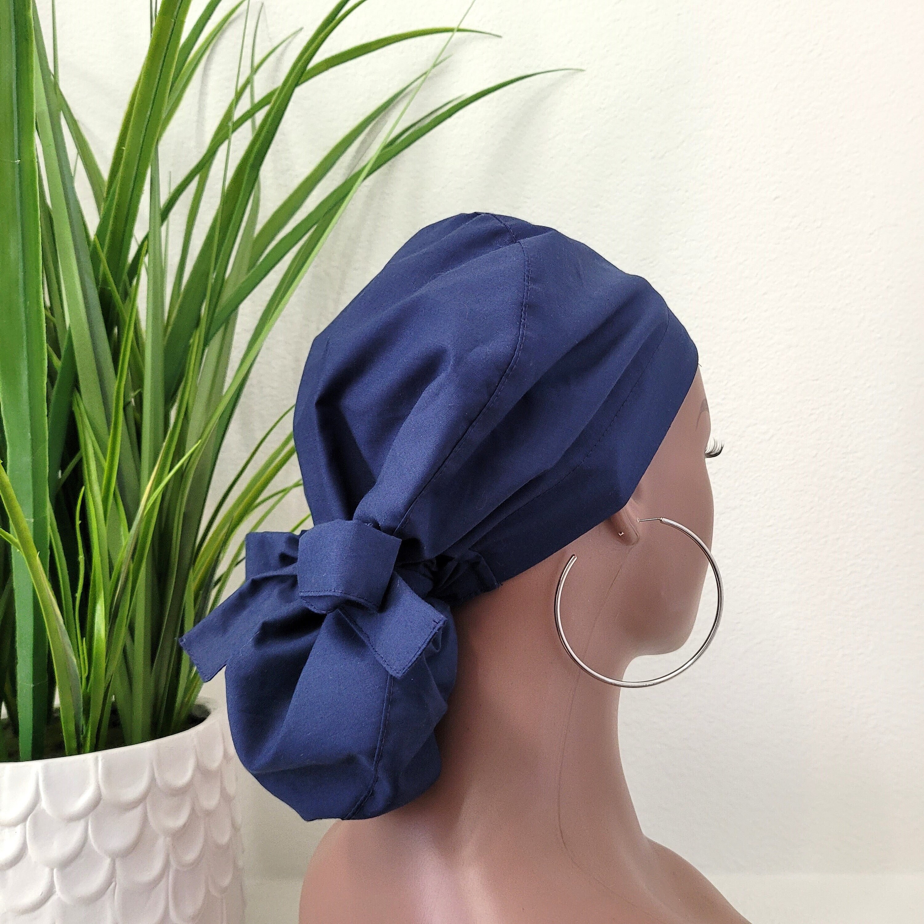Navy Ponytail Scrub Cap: Satin Lined Cotton Nurse Hat