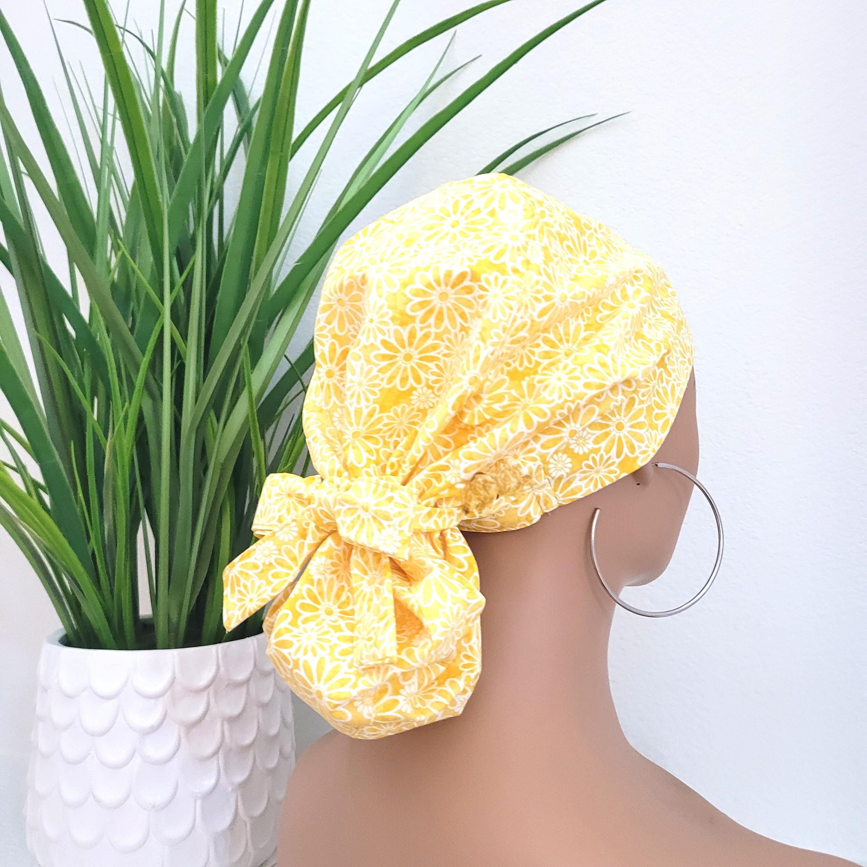Daisies Satin Lined Ponytail Scrub Cap, Protect Hair w/Satin Lined Scrub Cap. Buttons & Size Options, Nurse/Surgical/Doctor Cap, Scrub Hat