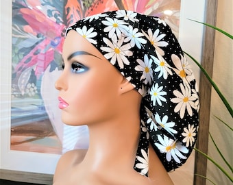 Protect Hair w/Satin Lined Scrub Cap. Buttons Option, Size See Description, Nurse/Surgical/Dr Cap, Daisies Ponytail Satin Lined Scrub Hat