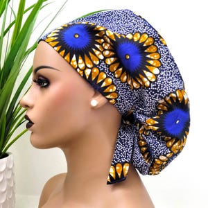 Limited Edition, Protect Hair w/Satin Lined Ponytail Scrub Cap, Nurse/Surgical/Dr Cap, Ankara Fabric, Full Satin Lining, Navy/Brown