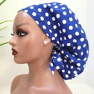 Polka Dot Satin Lined Ponytail Scrub Cap: Nurse Doctor Surgical Hat