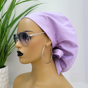 Pretty Lavendar Satin Lined Ponytail Scrub Hat, Protect Hair w/Satin Lined Scrub Cap. Buttons & Size Option, Nurse/Surgical/Doctor Cap
