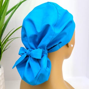 Tropical Blue, Satin Lined Scrub Hat, Protect Hair w/Satin Lined Scrub Cap, Buttons Option, Nurse/Surgical/Dr Cap, Full Satin Lining