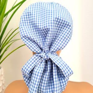 Gingham Satin-Lined Ponytail Scrub Hat: Blue & White, Hair Protection