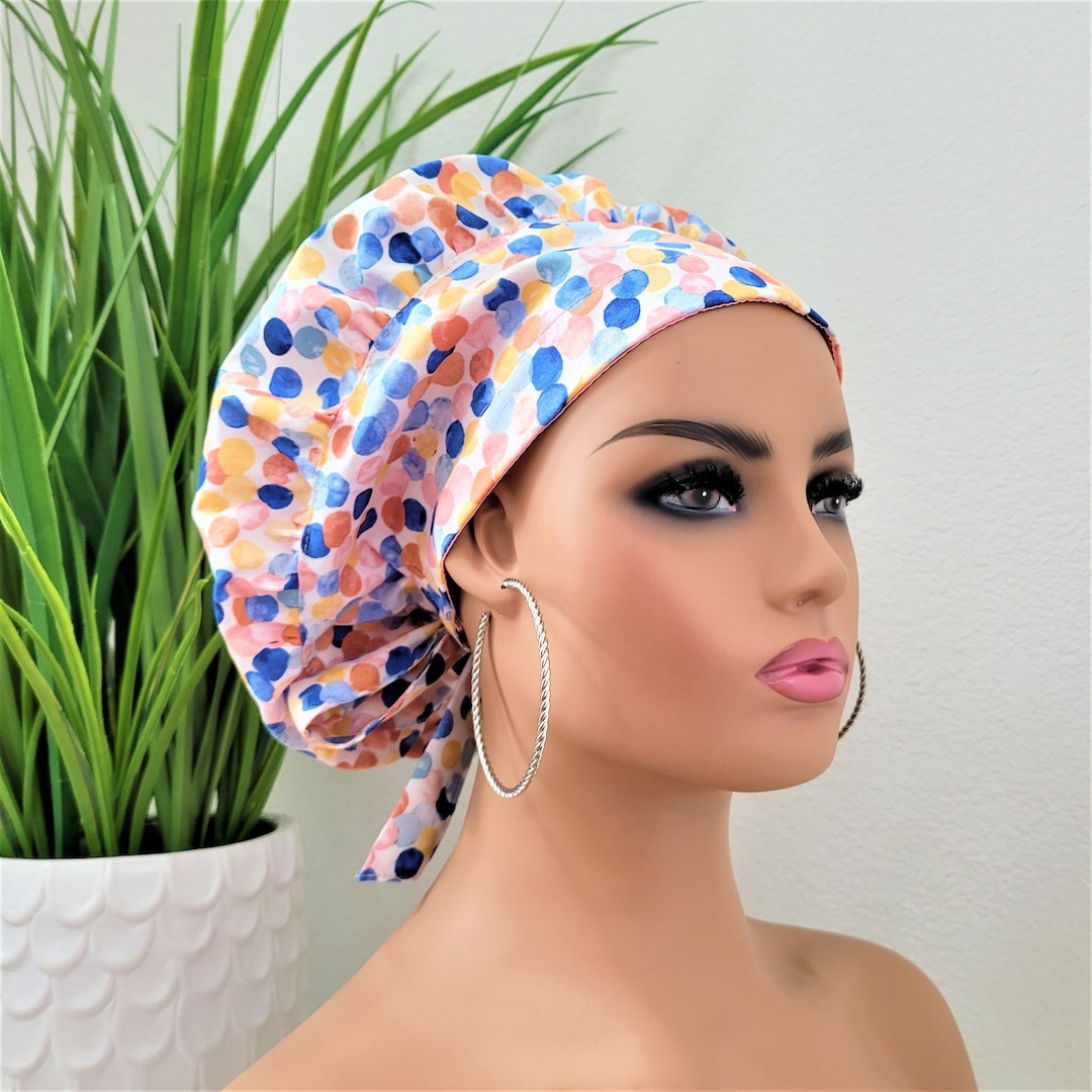 Satin Lined Scrub Cap With Buttons - Surgical Hat For Nurses With Ponytail Hole & Sweatband