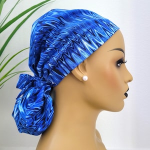 Royal Blue w/Zigzag, Satin Lined Ponytail Scrub Hat, Protect Hair w/Satin Lined Scrub Cap, Nurse/Surgical/Dr Cap, Full Satin Lined Scrub Hat
