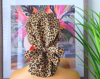 Protect Hair w/Satin Lined Scrub Cap. Buttons Option, Size Option See Description, Nurse/Surgical/Doctor Cap, Leopard Ponytail Scrub Cap