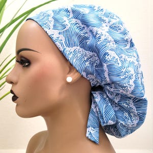 Ocean Waves, Satin Lined Ponytail Scrub Hat, Protect Hair w/Satin Lined Scrub Cap, Nurse/Surgical/Dr Hat, Full Satin Lined Scrub Hat, Blue
