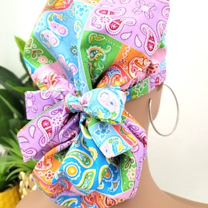 Small, Spring Colors, Satin Lined Ponytail Scrub Hat, Protect Hair w/Satin Lined Scrub Cap. Buttons Option, Nurse/Surgical/Doctor Cap