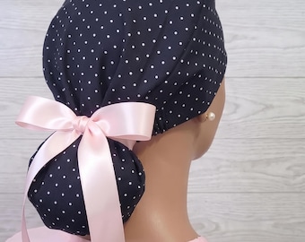 Black w/White Polka Dots Satin Lined Ponytail Scrub Hat Protect Hair Nurse/Doctor/Surgical Cap Anti-Frizz Adjustable Tie Back Pink Bow