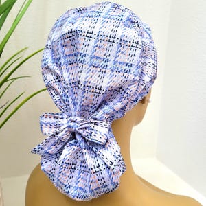 Small, Blue Plaid Satin Lined Ponytail Scrub Hat, Protect Hair w/Satin Lined Scrub Cap, Nurse/Surgical/Dr Cap, Full Satin Lined Scrub Hat
