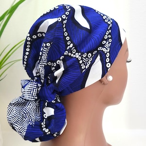 Limited Edition, Protect Hair w/Satin Lined Ponytail Scrub Cap, Nurse/Surgical/Dr Cap, Ankara Fabric, Full Satin Lined Scrub Hat, Royal Blue